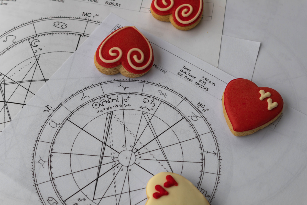 Printed astrology charts with  heart shaped cookies, astrology love concept